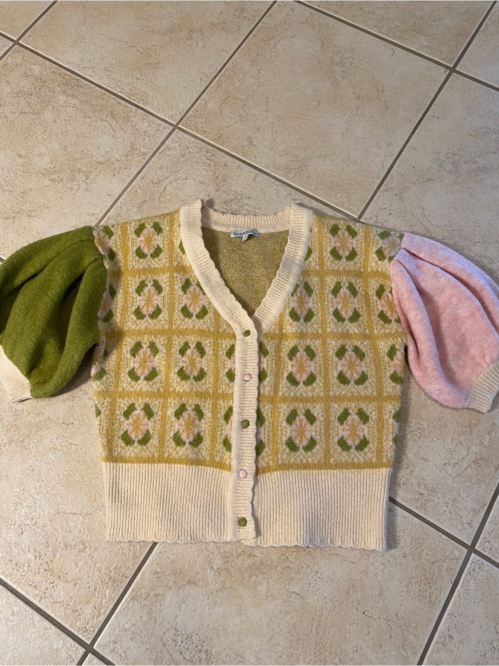 Mixed Color Floral Knit Cardigan - Cream Base with Green & Pink Accents
